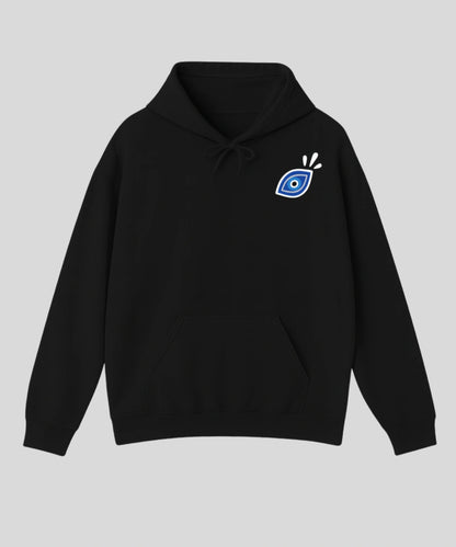 Hoodie noir oversize avec grand motif dorsal bleu "All Eyes On Me" d'yeux protecteurs pour éloigner les ondes négatives et La Suivette.