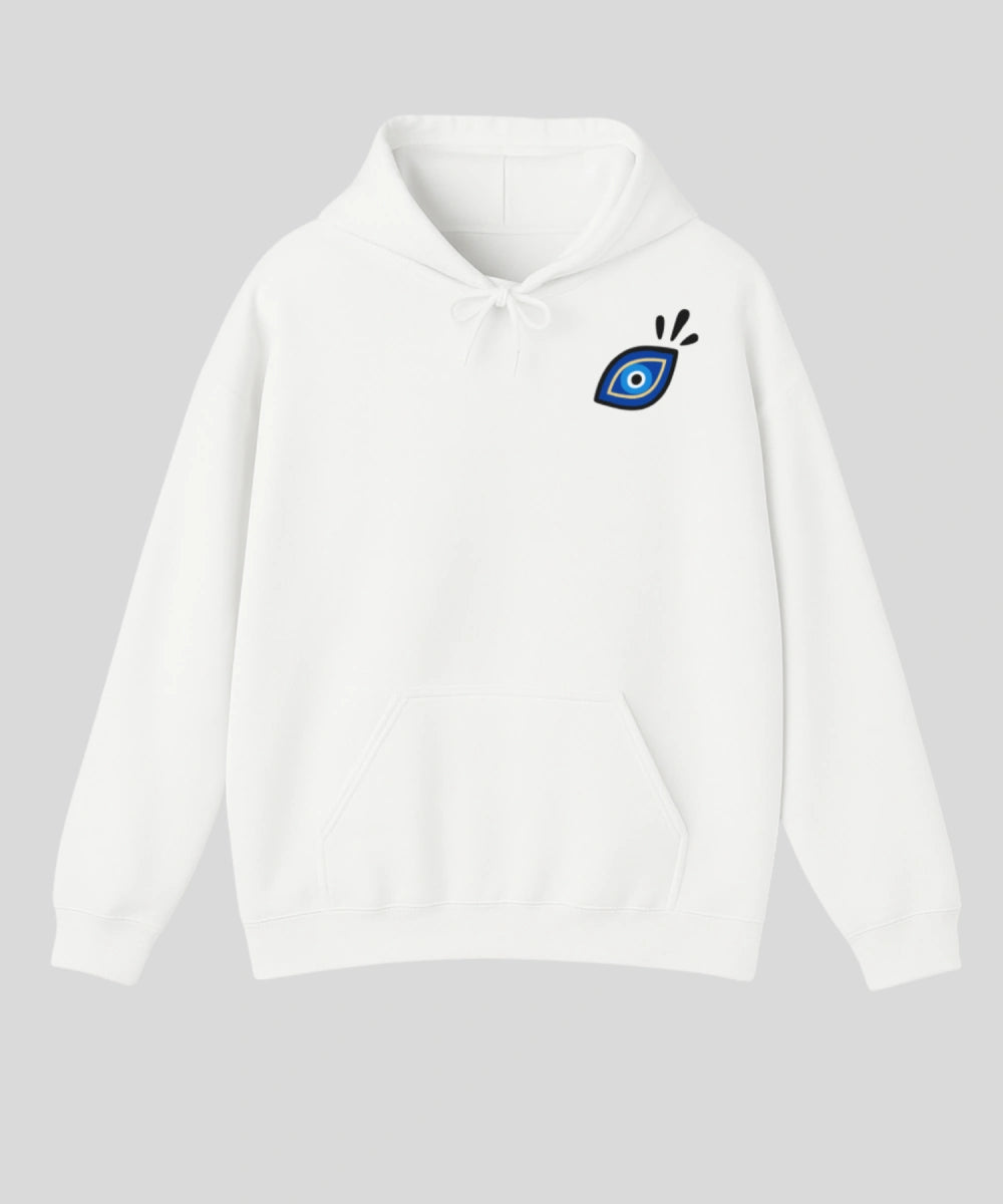 Sweat à capuche blanc uni, coupe oversize, avec l'inscription "All Eyes On Me" et une grappe de Nazar Boncuk bleus imprimée sur le dos