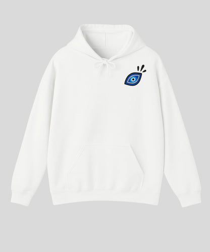 Sweat à capuche blanc uni, coupe oversize, avec l'inscription "All Eyes On Me" et une grappe de Nazar Boncuk bleus imprimée sur le dos