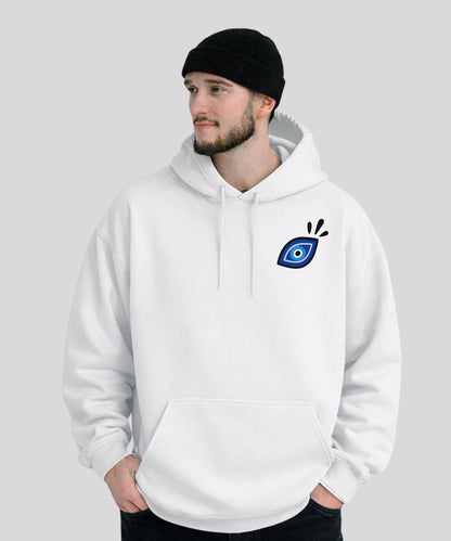 Sweat à capuche blanc uni, coupe oversize, avec l'inscription "All Eyes On Me" et une grappe de Nazar Boncuk bleus imprimée sur le dos